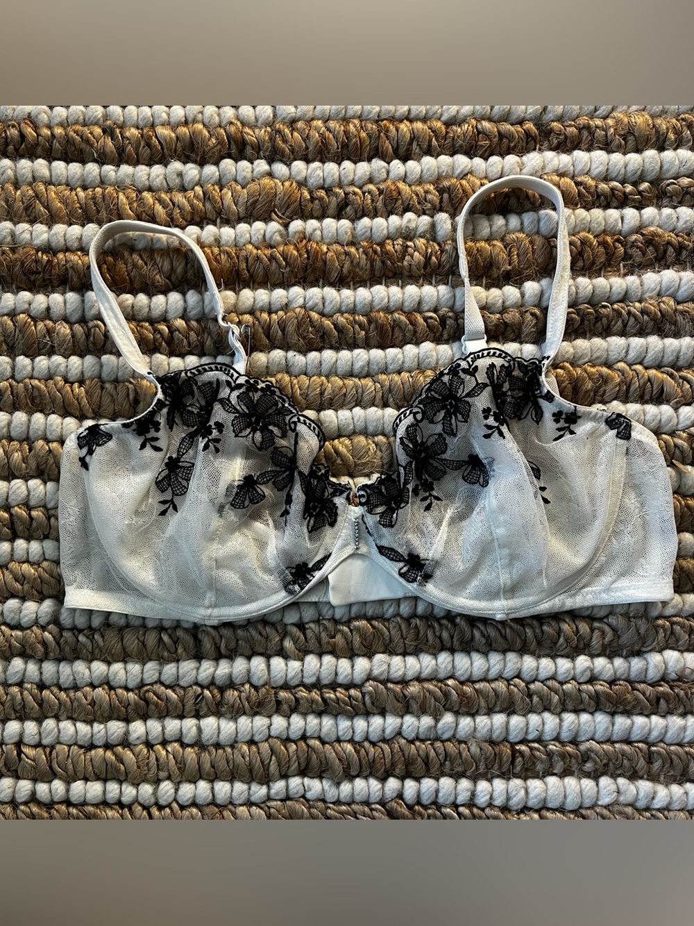 Victoria's Secret White Sheer Underwire Bra with Black Floral Embroidery